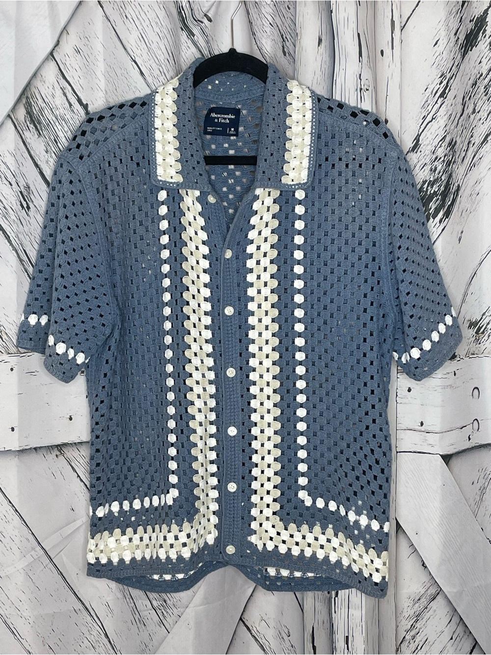 Abercrombie & Fitch Crochet Short Sleeve Cardigan Shirt Blue & White M